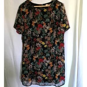 Forever 21 Floral Butterfly Short-Sleeve Shift Dress Large Sheer Overlay Nature